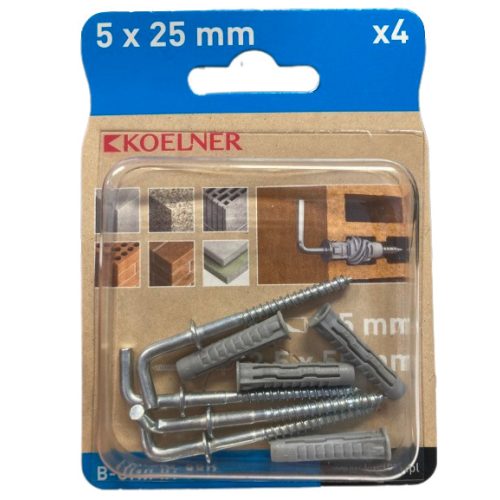 B-UNIFIX-05K .... UNIPLUG nylon dübel 5x25mm+ derékszögű kampó 3,5x55mm (4db/csom,16csom/dob)